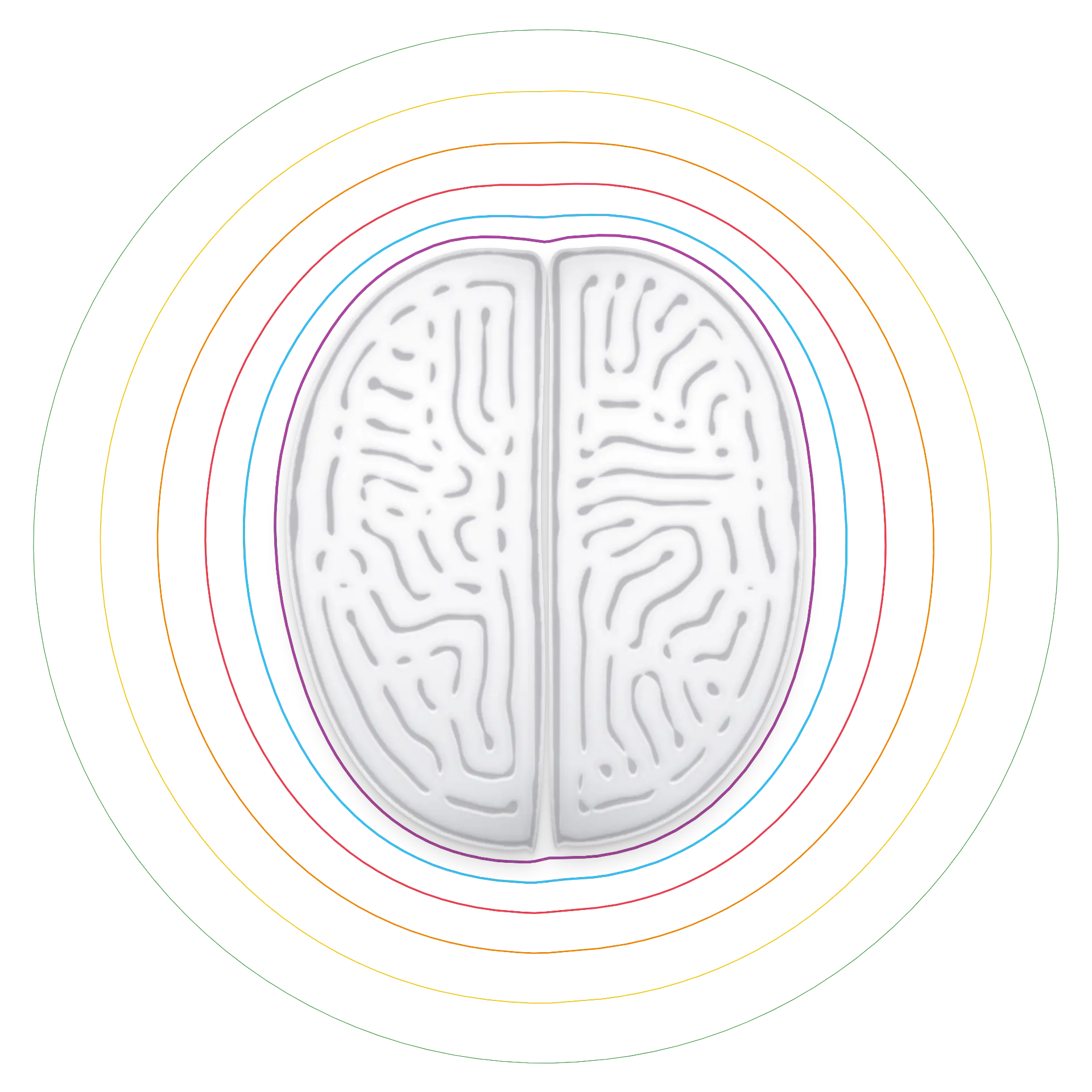 Illustration: a white human brain seen from above, surrounded by concentric colored outlines representing layers of research.