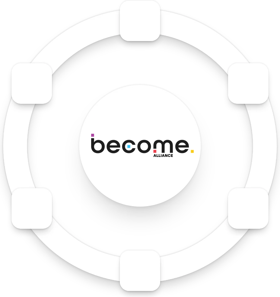 Illustration: the become. wordmark with ALLIANCE beneath the m and four small coloured squares inside a white circle, encircled by a white ring carrying six rounded-square nodes, all with soft shadows on white.
