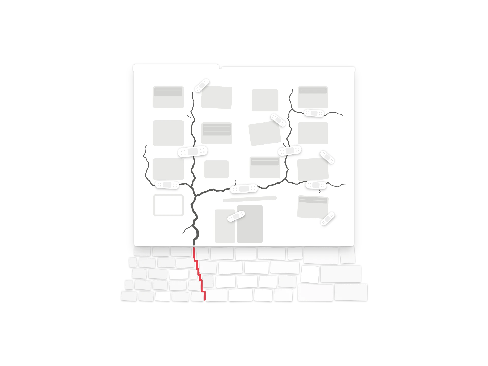 Illustration: a white building with cracks running across its facade and several adhesive bandages stuck over the damage, standing on brick foundations split by a red fault line. Many symptoms share one underlying cause.
