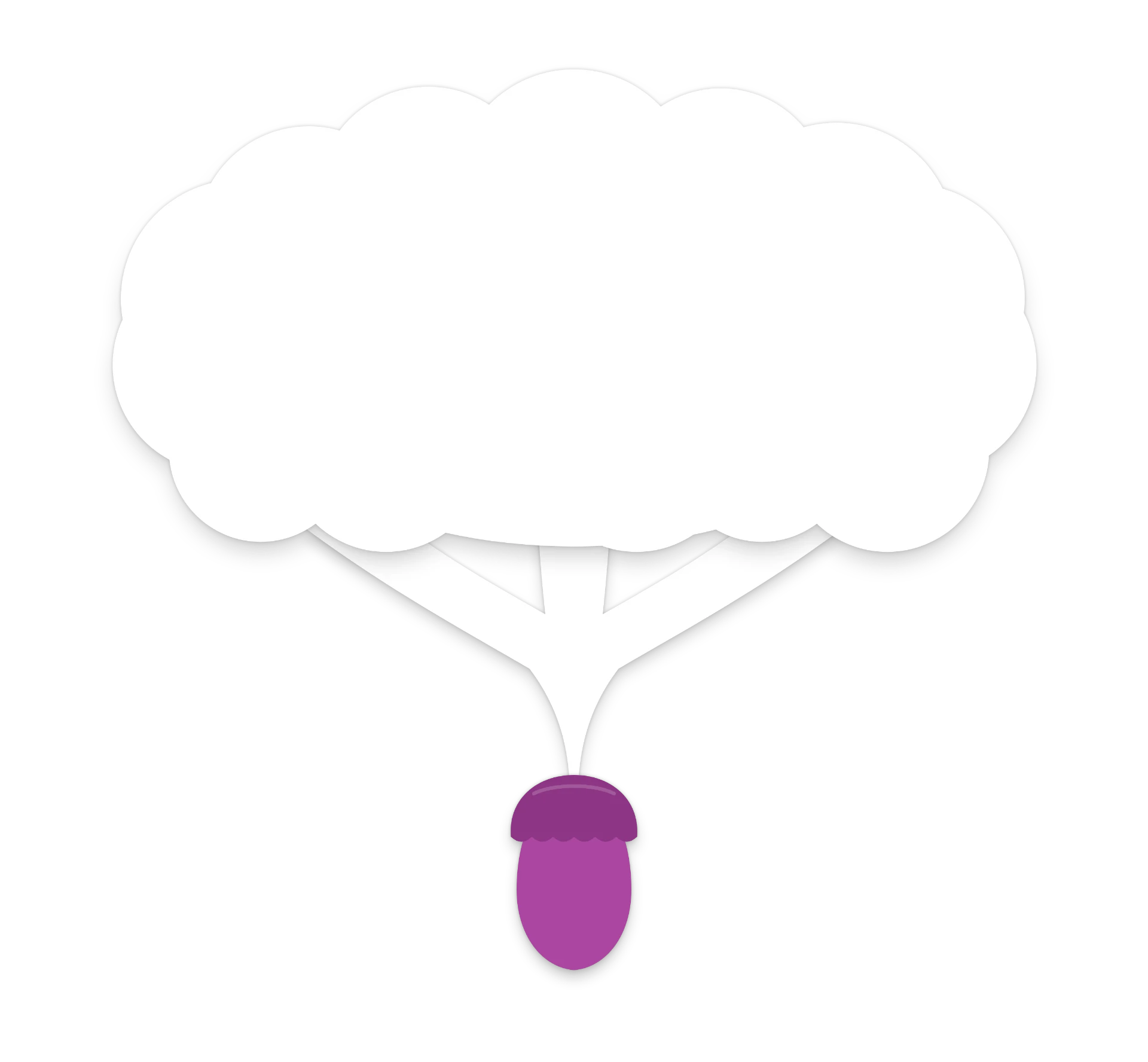 Illustration: a white oak tree with a rounded canopy growing from a purple acorn.