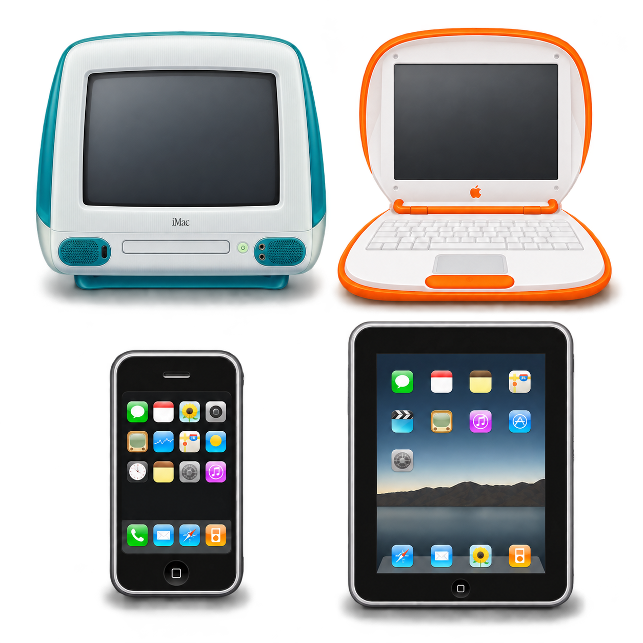 Illustration: four Apple products shown in front view — the teal iMac G3, the orange iBook, the original iPhone and the first iPad.